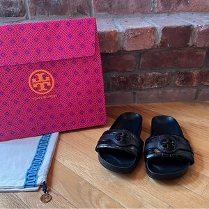Tory Burch Black Carson Croc Slide Sandals